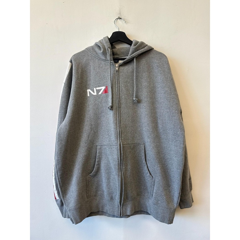 VTG Mass Effect N7 Hoodie Mens XL Gray Full Zip Fleece Sweatshirt Graphic Gamer